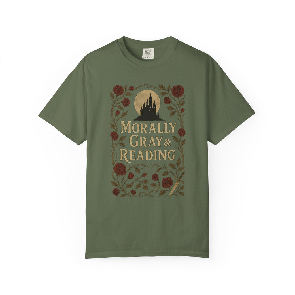 The Faithful Familiar garment-dyed olive green cotton t-shirt featuring a gothic castle and rose floral graphic.