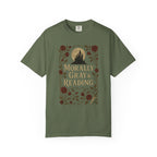 The Faithful Familiar garment-dyed olive green cotton t-shirt featuring a gothic castle and rose floral graphic.
