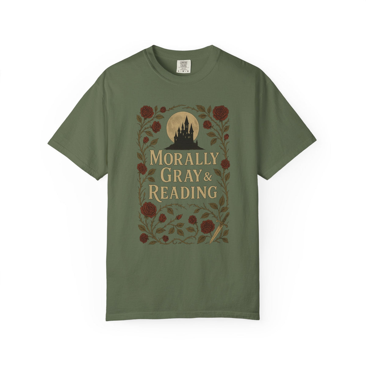 The Faithful Familiar garment-dyed olive green cotton t-shirt featuring a gothic castle and rose floral graphic.