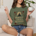 The Faithful Familiar olive green cotton graphic tee featuring a gothic castle, roses, and Morally Gray & Reading text.