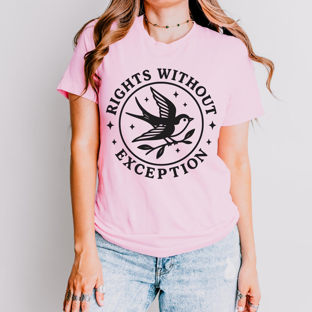The Faithful Familiar pink graphic tee with a vintage swallow tattoo emblem and Rights Without Exception text.