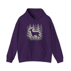The Faithful Familiar purple pullover hoodie featuring a white deer silhouette graphic in a snowy forest scene.
