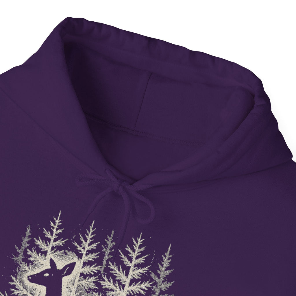 The Faithful Familiar purple pullover hoodie featuring a detailed white deer and forest graphic on the front