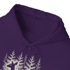 The Faithful Familiar purple pullover hoodie featuring a detailed white deer and forest graphic on the front