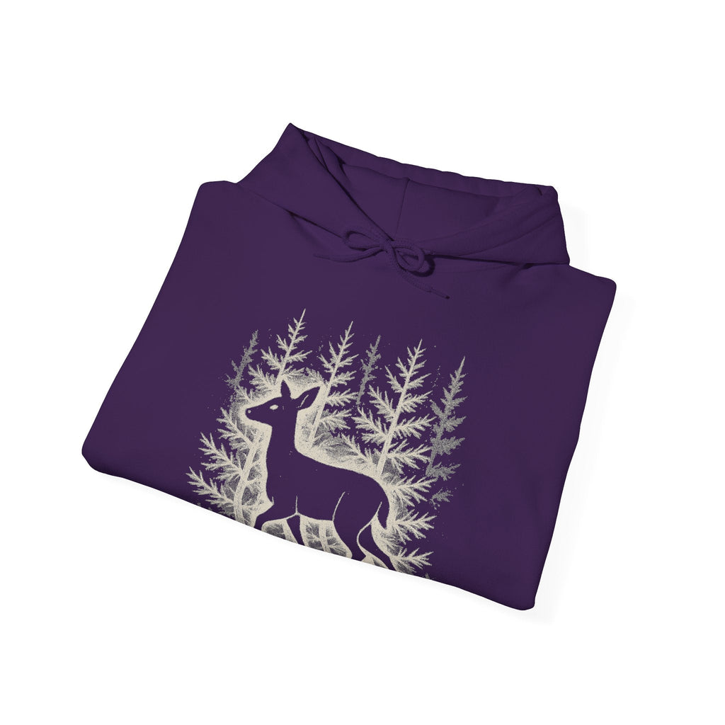 The Faithful Familiar purple pullover hoodie featuring a white deer silhouette graphic in a snowy forest scene.