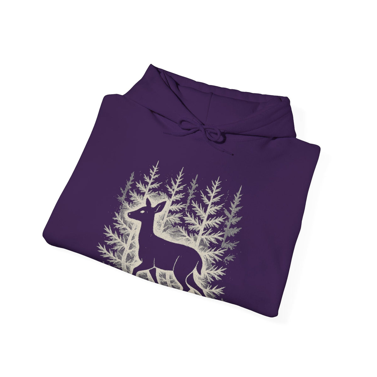 The Faithful Familiar purple pullover hoodie featuring a white deer silhouette graphic in a snowy forest scene.
