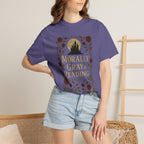 The Faithful Familiar purple cotton t-shirt featuring a gothic castle, floral crest, and Morally Gray & Reading text.