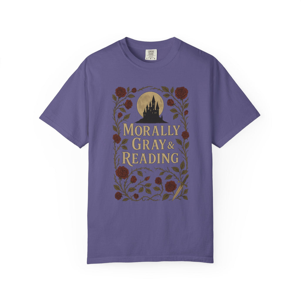 The Faithful Familiar purple cotton t-shirt featuring a gothic castle, roses, and Morally Gray & Reading text graphic.