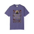 The Faithful Familiar purple cotton t-shirt featuring a gothic castle, roses, and Morally Gray & Reading text graphic.