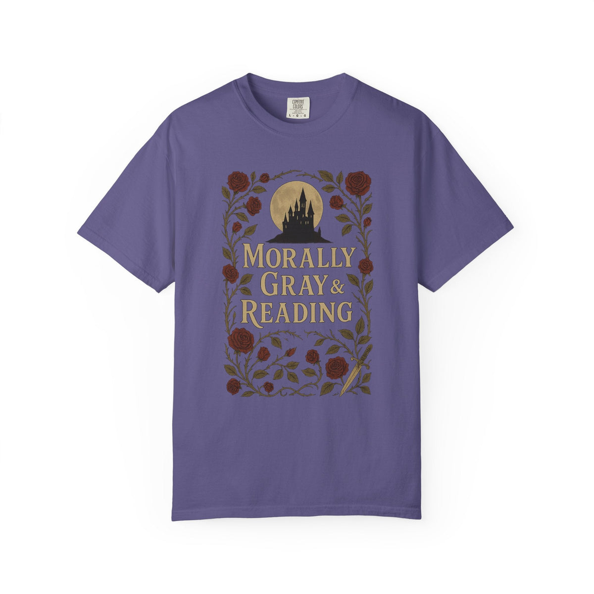 The Faithful Familiar purple cotton t-shirt featuring a gothic castle, roses, and Morally Gray & Reading text graphic.