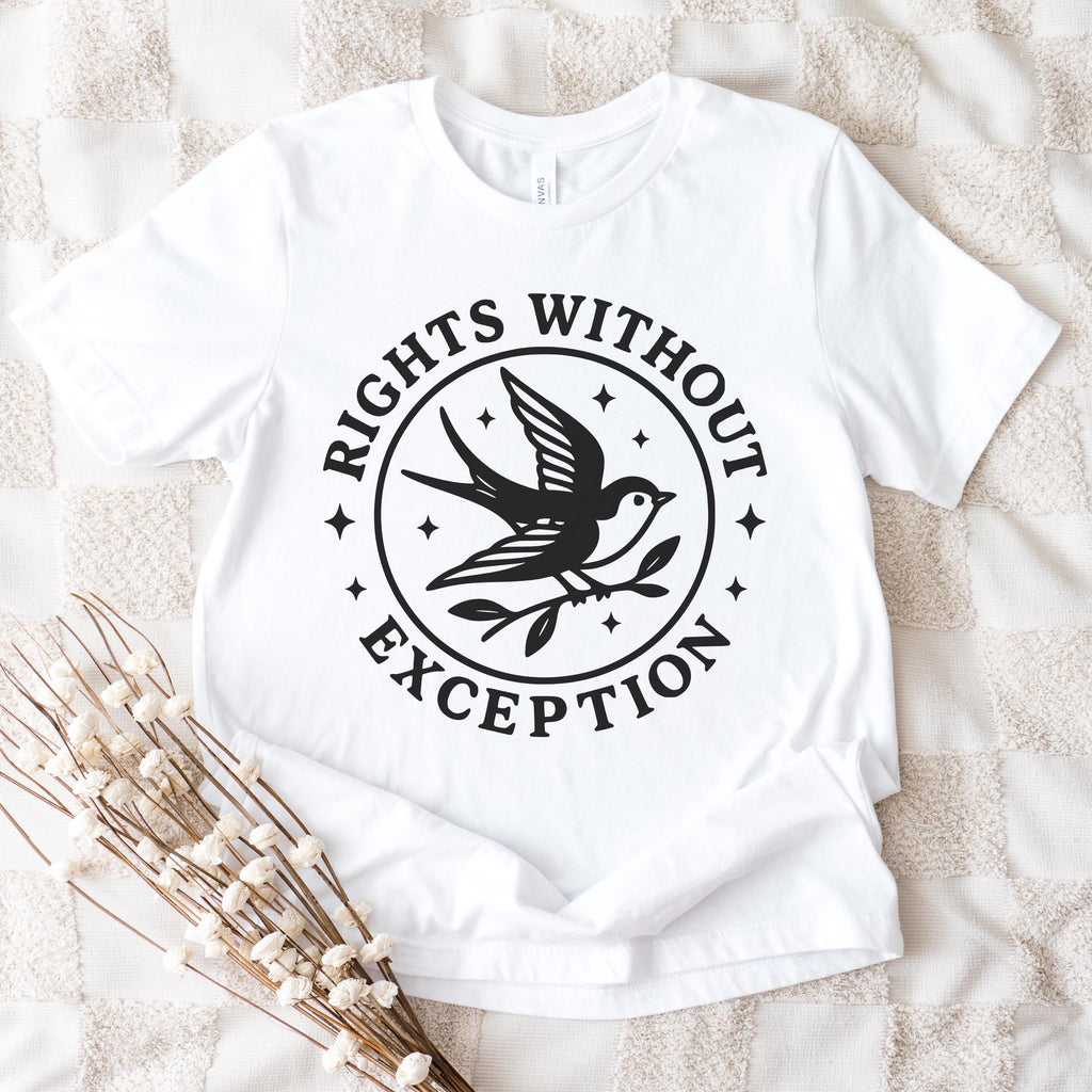 The Faithful Familiar white graphic tee featuring a black swallow emblem with the text Rights Without Exception.