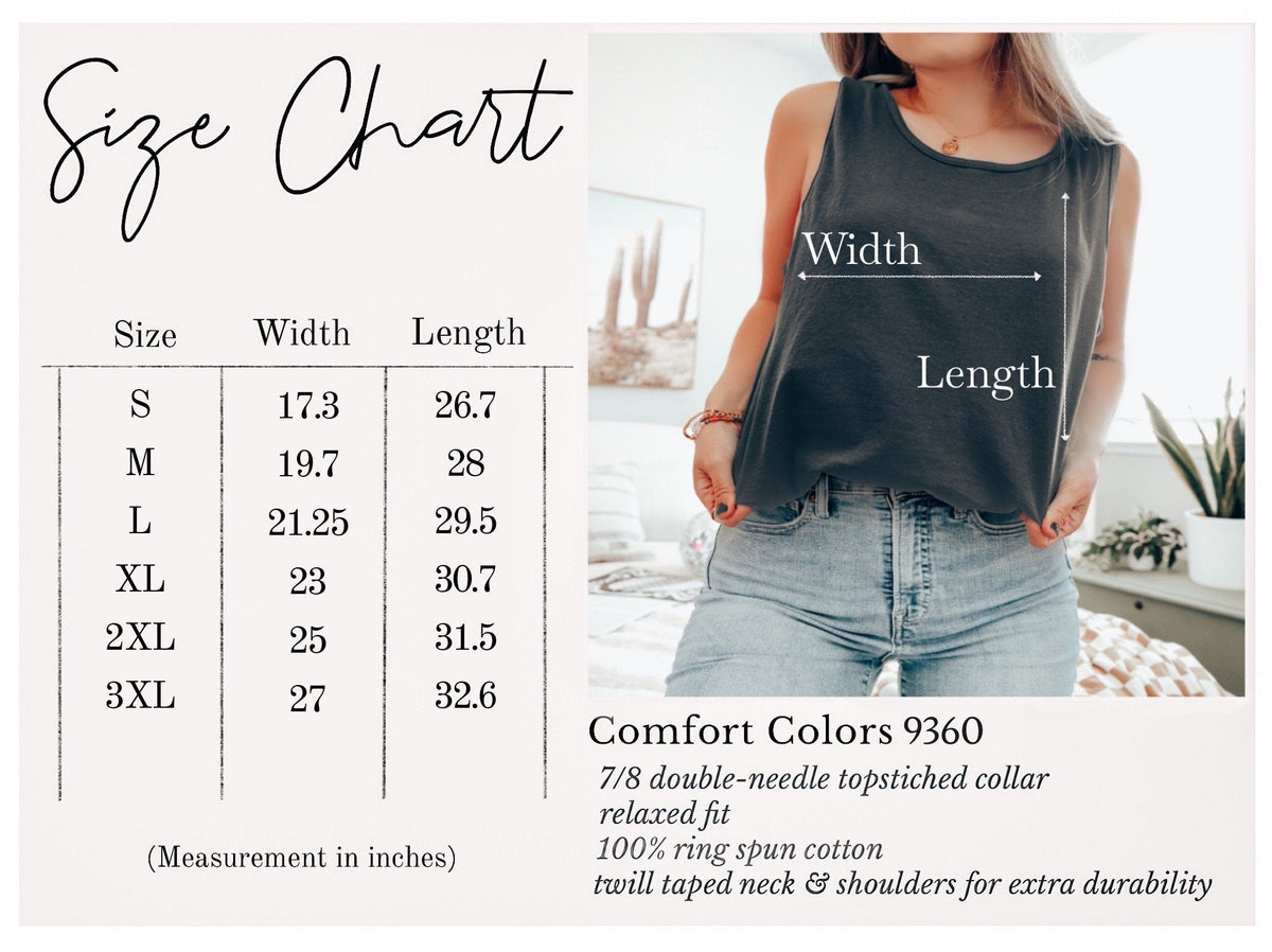 The Faithful Familiar size chart for a charcoal grey slouchy boho tank top with measurements in inches.