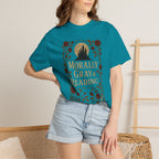 The Faithful Familiar teal cotton t-shirt featuring a gothic castle, floral vines, and Morally Gray & Reading text.