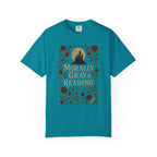 The Faithful Familiar Morally Gray & Reading graphic tee in teal cotton with a gothic castle and floral illustration.