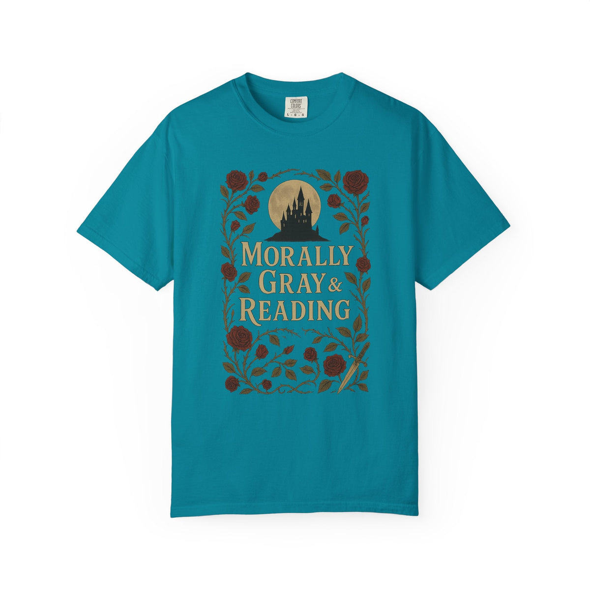 The Faithful Familiar Morally Gray & Reading graphic tee in teal cotton with a gothic castle and floral illustration.