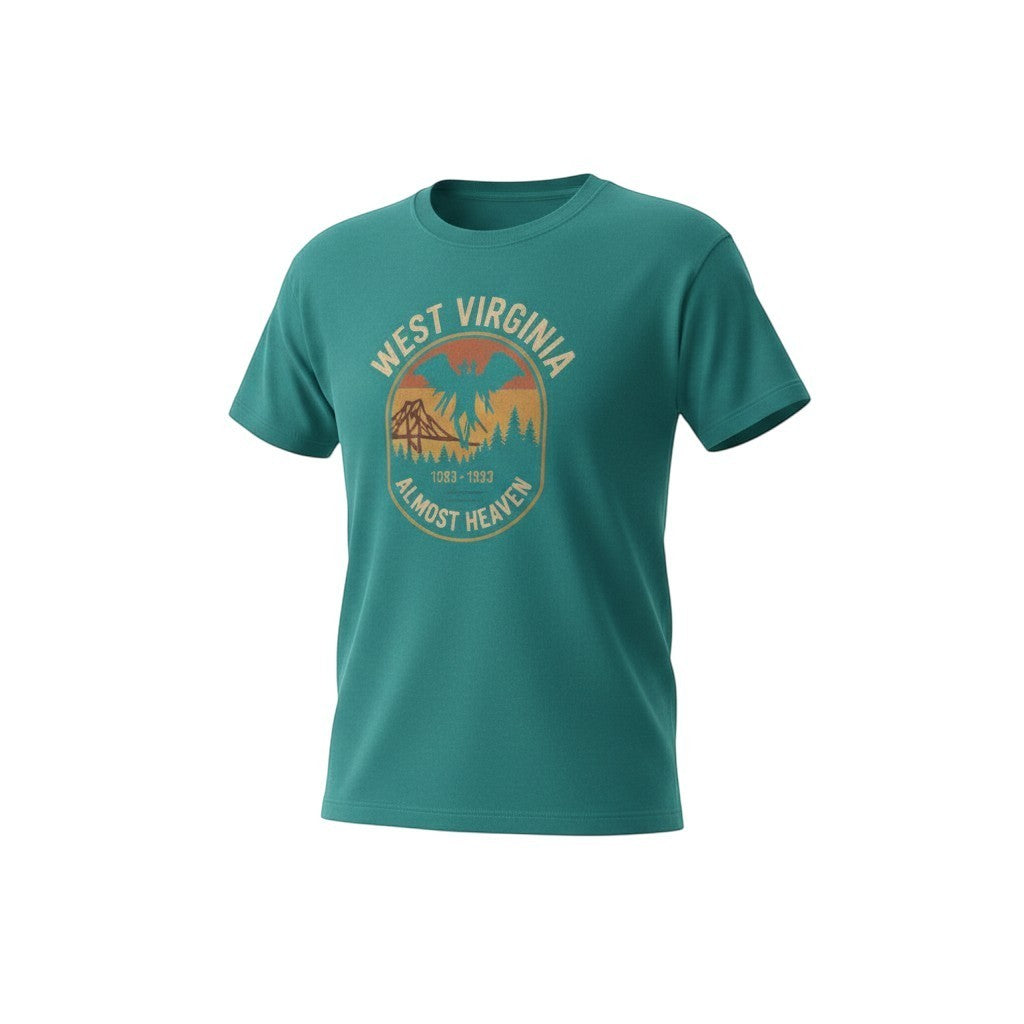 The Faithful Familiar teal Comfort Colors t-shirt featuring a vintage West Virginia Mothman graphic in warm tones.